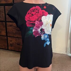 #126 Floral Print Black Top